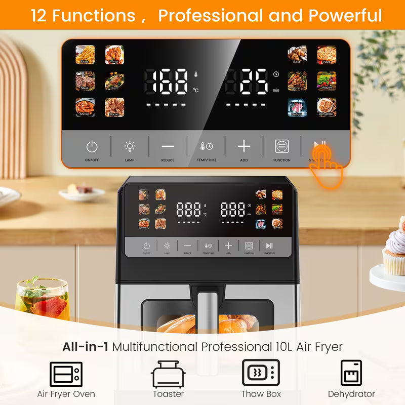 Friteuse à air numérique multifonctionnelle 10L | 2 éléments de chauffage, mode décongélation, fruits secs, 12 préprogrammations écran tactile pour frire, rôtir, déshydrater, cuire, taille familiale XXL, arrêt automatique, grand écran facile à visualiser.