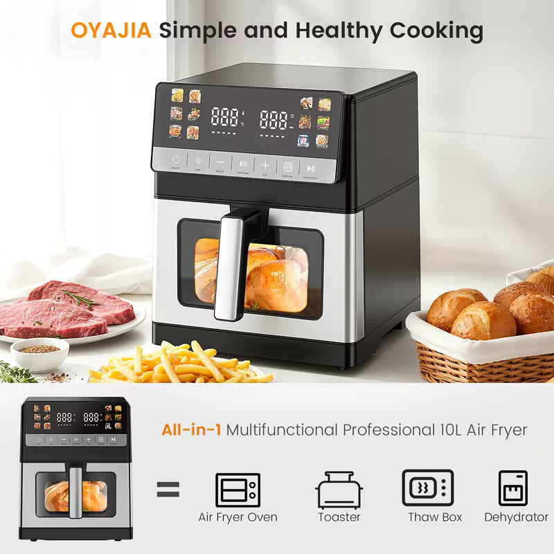 Friteuse à air numérique multifonctionnelle 10L | 2 éléments de chauffage, mode décongélation, fruits secs, 12 préprogrammations écran tactile pour frire, rôtir, déshydrater, cuire, taille familiale XXL, arrêt automatique, grand écran facile à visualiser.