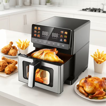 Friteuse à air numérique multifonctionnelle 10L | 2 éléments de chauffage, mode décongélation, fruits secs, 12 préprogrammations écran tactile pour frire, rôtir, déshydrater, cuire, taille familiale XXL, arrêt automatique, grand écran facile à visualiser.