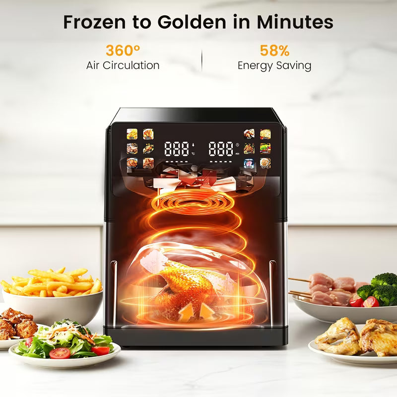 Friteuse à air numérique multifonctionnelle 10L | 2 éléments de chauffage, mode décongélation, fruits secs, 12 préprogrammations écran tactile pour frire, rôtir, déshydrater, cuire, taille familiale XXL, arrêt automatique, grand écran facile à visualiser.