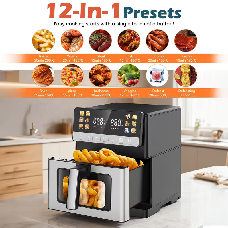 Friteuse à air numérique multifonctionnelle 10L | 2 éléments de chauffage, mode décongélation, fruits secs, 12 préprogrammations écran tactile pour frire, rôtir, déshydrater, cuire, taille familiale XXL, arrêt automatique, grand écran facile à visualiser.