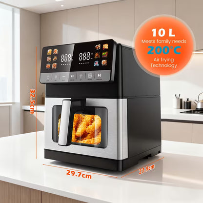 Friteuse à air numérique multifonctionnelle 10L | 2 éléments de chauffage, mode décongélation, fruits secs, 12 préprogrammations écran tactile pour frire, rôtir, déshydrater, cuire, taille familiale XXL, arrêt automatique, grand écran facile à visualiser.