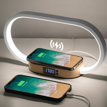 Lampe de chevet en bois avec contrôle tactile, dotée d'un chargeur sans fil de 15W et d'une horloge, capacité de charge Qi maximale de 15W, idéale pour la lecture au chevet, la maison et le bureau.
