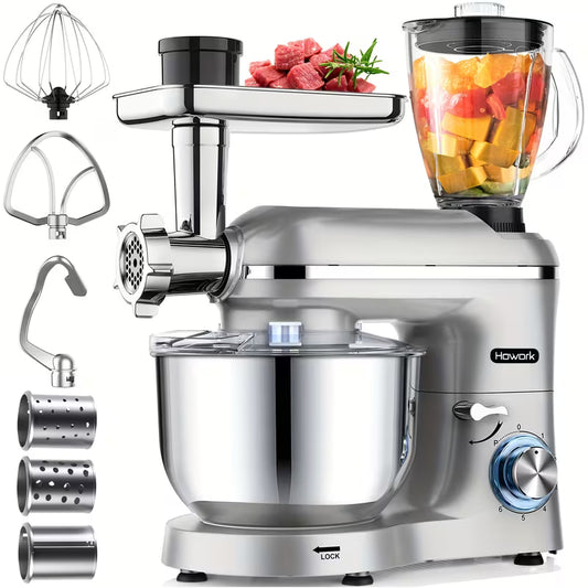 Robot Pâtissier Multifonctionnel 6 en 1 avec Bol en Acier Inoxydable de 5,5L, Hachoir à Viande à Tête Inclinaible 2000W à 6 Vitesses, Blender à Jus avec Pot en Verre de 1,5L, Robot Culinaire Multifonctionnel, Mixeur